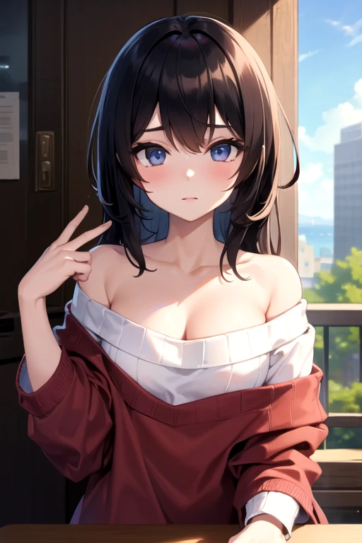 (masterpiece:1.2, best quality:1.2, beautiful, high quality, highres:1.1, aesthetic), detailed, extremely detailed, ambient soft lighting, 4K, perfect eyes, perfect face, perfect lighting, girs and boys, alternate breast size, long black hair, breasts, glowing, glowing eyes, hair between eyes, medium breasts, lips, long hair, looking at viewer, on back, parted lips, plump, blue diamond eyes, blue ocean eyes, solo, medium breasts, arms at sides, (blue theme), Araffe woman lying on a bed in a blue sweater, japanese model, Young sensual gravure idol, cuerpo suave, Japanese, sexy girl, Yoshitomo Nara, young pretty gravure idol, beautiful asian girl, Asian, posando en un dormitorio, Ayami, Efecto anaglifo Ayami Kojima, Aoi Ogat