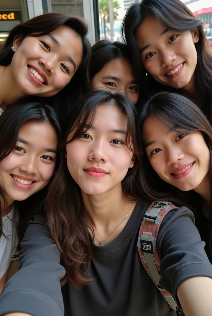 A beautiful asian women, long straight black hair, big breast, big breasts , big tits , busty, big chest,double eyelids, beautiful face, hd, realistic detailed, wearing a sexy off shoulder big loose t-shirt, shorts,selfie, inside her big apartment home, selfie with her best friends, girlfriends, friends, Selfie with best friends