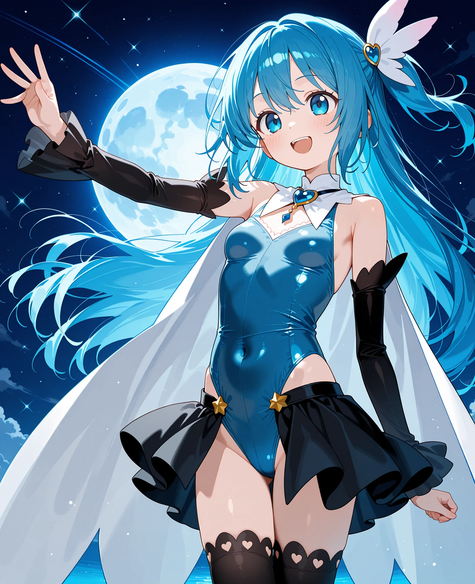 Super Idol Beautiful girl Charming smile sky blue hair Hair length Twin tails Sparkling bright pink and blue leotards Mysterious Fantasy constellation moon Crystal Sparkle Aurora in the night sky