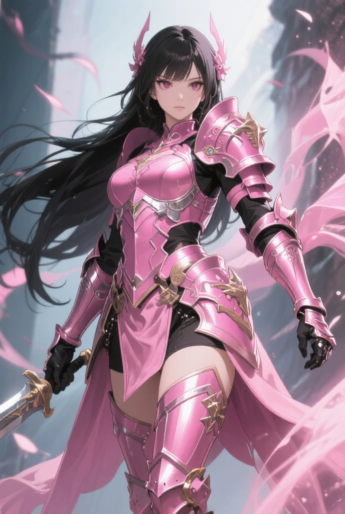 (Perfect Anatomy)、Mastepiece、Ultra High Quality、 8K、masterpiece、Highest quality、Ultra-high resolution、Maximum resolution、Very detailed、Professional Lighting、anime、woman、thin、so beautiful、Highly detailed eye、Highly detailed face、Golden earrings、Pink Hair,、Pink eyes、Mid-chest, pink lips, upper arm pink armor, white leotard, pink pattern, full body, magical girl, Angel Girl, Are standing, pink thigh high stockings, white super long boots, pink gauntlet, high heels, hime cut, bridal hair accessory, Opening legs outwards, paladin robe, fighting, (Monsters attack:1.8)