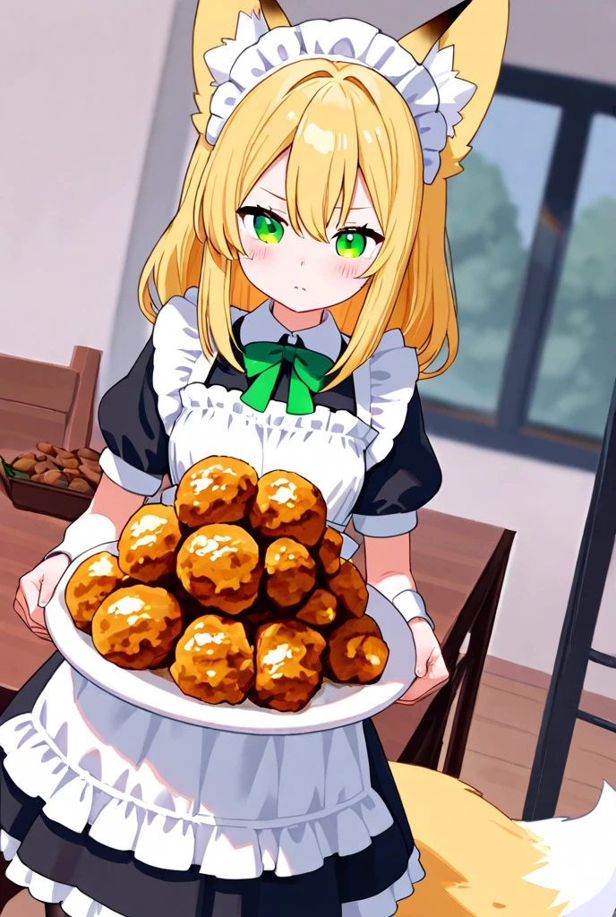 1girl, masterpiece, best quality, medium full shot, yellow short hair {little stars},green eyes, goblin ears,big breasts ,cute charming, smiling,black maid outfit, room, pov