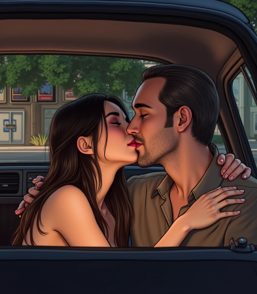 The man in his 45s with black very short hair and smooth face with moustache. The woman in her 45s with brown wavy long hair. They are naked. They are in the backseat of a luxury car. Night. Dark. Cowgirl sex. The woman is moaning. They are hugging. Orgasm. Passion. Erotic. Ultra realistic.
