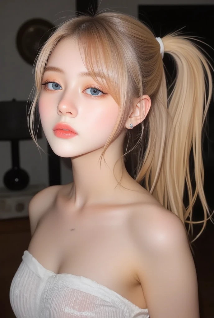 Best quality, masterpiece, ultra high res, (photorealistic:1.5), raw photo, 1 mature girl, sexual, bare, body full, big breast , in the dark, deep shadow, low key, cold light, sexy look, sand blonde ponytail hair, grey eyes