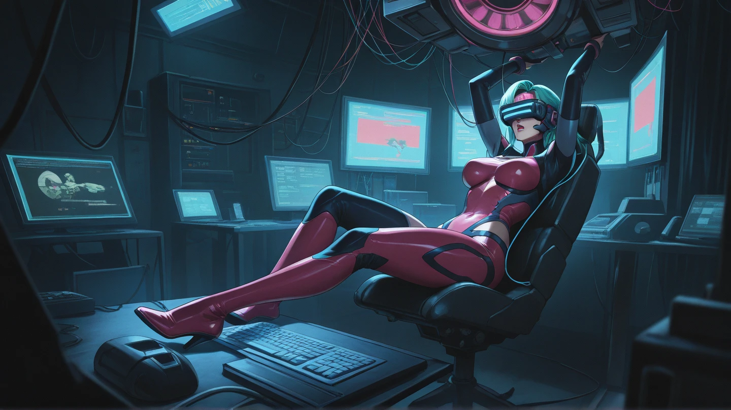Create a digital anime-style image of a young woman with a modern, pink hair, hair cut side shaved head, eyes blue, lips atractive, beatiful fitness of her body. edgy appearance standing confidently in a dimly lit room with a cyberpunk aesthetic. The woman should tight small bodysuit cyberpunk sample legs, styled hair with vibrant colors, The room cyber with monitor. high details. bodysuit. sit bedroom. spred ass, ass focus, kneeling, ,large breasts, hair over 1 eye, cute nose, biting lip,seductive,white choker, pink lips, freckles, pretty girl