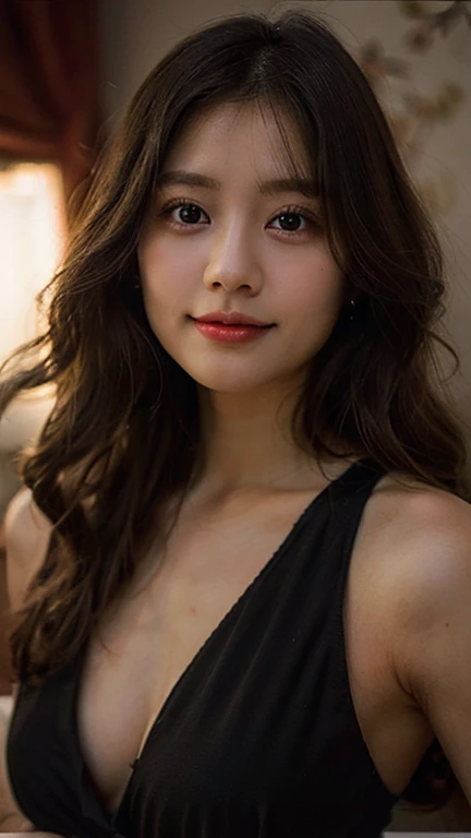 (Ultra Realistic), (Illustration), (High Resolution), (1girl), (Pretty Japanese girl in her 30s), (Best quality, 8K), (Best Illustration), (Beautiful Detailed Eyes), (Best Quality), (Ultra Detailed), (Masterpiece), (sexy), (Wallpaper), (Detailed Face), Solo, (seductive smile), (simple black cropped top), Japanese, (perfect body), (slim), (large perky , cleavage), (perky ass), (emphasizing large breasts), (bangs, long hair), (close up), (professional lighting), shiny_skin, wet