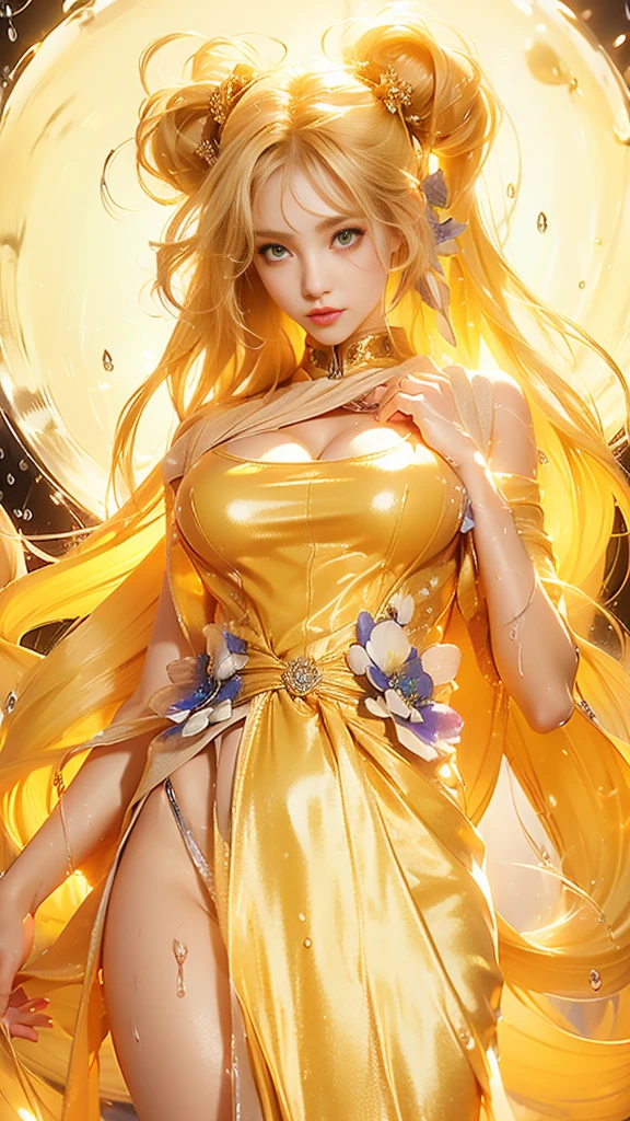 8K Ultra HD、Digital SLR Camera、soft light、high quality、Volumetric Lighting、frank、photo、high resolution、4K、8k、Bokeh，The eyes and face are very detailed，Clear eyes，Bright Eyes, Delicate lips, Smile shyly, Pretty Face，Small round face, Create stunning girl images, warm color, Very high color saturation，The legs look very long from the front，dynamic poses，Normal standing posture，black background，Chinese fairy tale women，Golden Ratio, Minimalism，Transparent and visible skin, Salmon Pink Outfits，Transparent silk long-sleeved Hanfu，Transparent underwear，crystal yellow hair、Gradient Hairstyle，Cleavage、Exposed breasts、sexy、very detailed breasts, d cup size