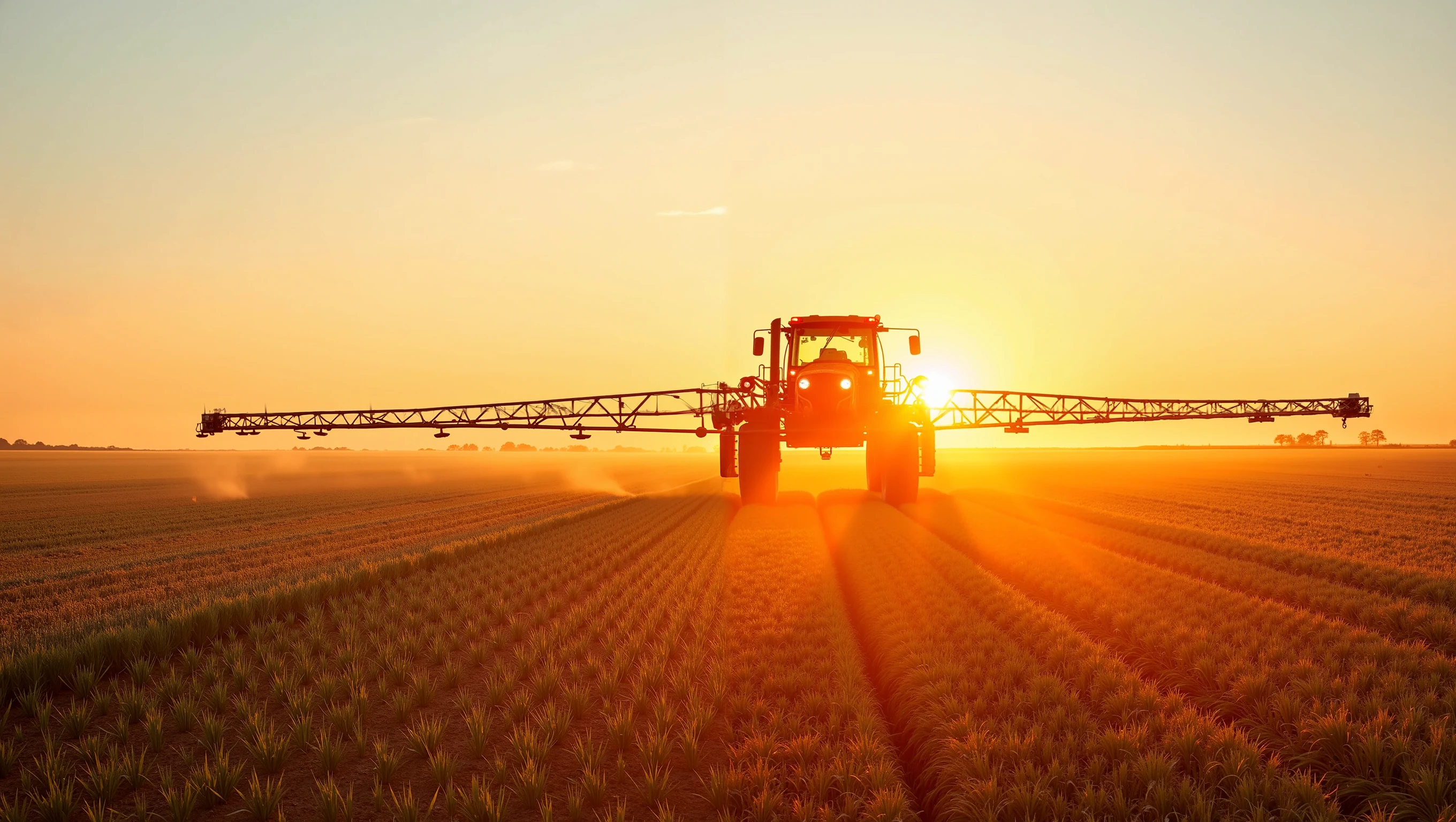 image of a self-propelled sprayer, with his arms open, Give a field, panoramic image , to sunset, backlit sun