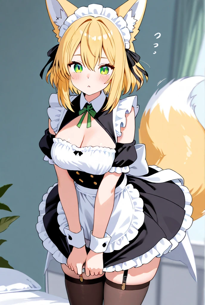 Highest quality, masterpiece,1girl,Yellow round eyebrows,Blonde Hair, Big fox ears,Big fox tail, Perfect Naked,((Small breasts)),indoor,undressing,((Green maid apron)),((White ruffle skirt)),bedroom,On the bed,Lie,orgasm,1boy,vaginal,sex,cum in pussy,((loli))