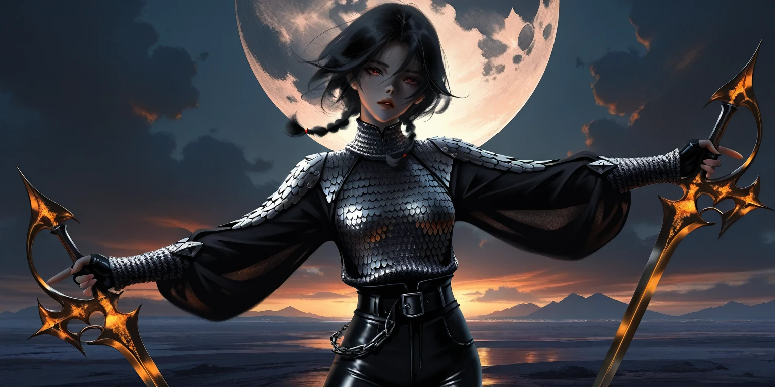 Imagem de uma mulher lobo, cabelo comprido preto, olhos vermelhos brilhantes, canalizando seus poderes, Ki em volta, em uma cidade escura destruida, ela tem uma roupa de pele de lobo cinzento e alguns detalhes preto e vermelho em sua roupa, e a imagem de um lobo de fundo e uma lua cheia sangrenta, realista, 8k, ultrarealista