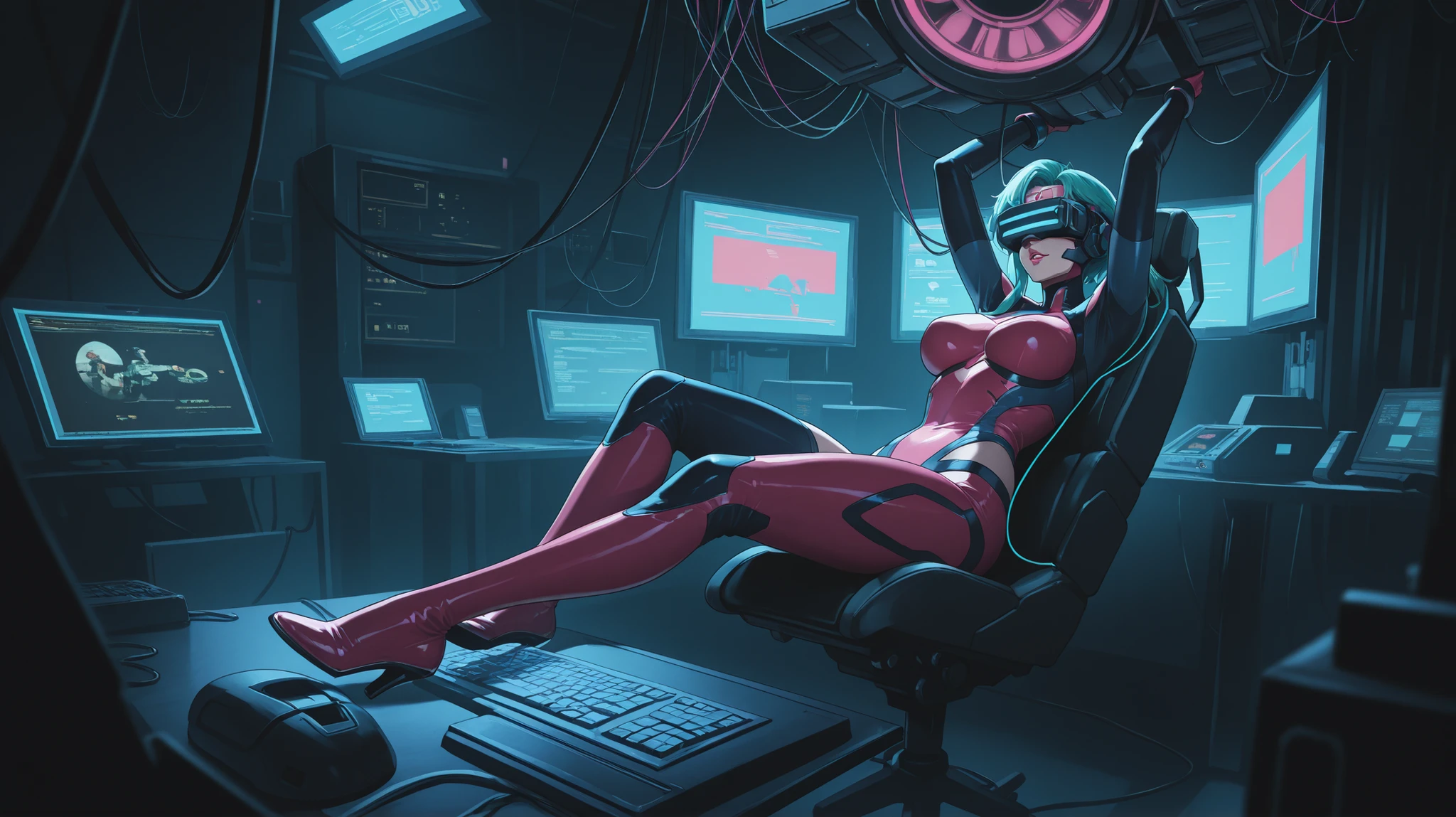 cyberpunk machine woman connected to wired 80s computers using vr machine retro in a lab with multiple wired computers everywhere old dark machine