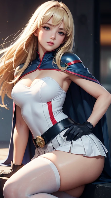 ,Colorful,(masutepiece:1,2), Best Quality, masutepiece, hight resolution, Original, highly detailed wallpaper, 1girl in ,Smile,Solo, Grey Hair, Blue eyes, Original_outfits,red cape,White pants, gloves, breasts, uniform, Large breasts