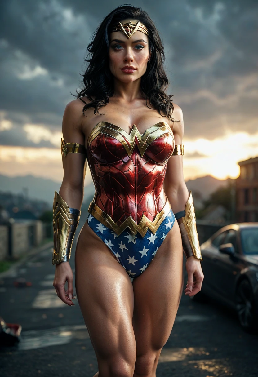 masterpiece, best quality,3d rending work ,3DMM style, 3D,1girl, solo, black hair, realistic, full body, (modern city background:1.4), long wavy black hair, parted lips, makeup, (Wonder Woman, (intricate details, makeup), (delicate and beautiful delicate face, delicate and beautiful delicate eyes, face with perfect proportions), (glossy skin: 1.0), delicate skin, strong and realistic blue eyes, realistic black hair, lips, makeup, natural skin texture, tiara, red and gold bustier, blue leotard with white stars, silver Bracelets, red knee-high boots, golden belt, (Wonder Woman clothing:1.1), bare shoulders, ((light tan skin: 1.4)), mature, sexy, elastic muscles, (muscles: 1.2), ((strong and healthy body)), ((more) muscles))), cleavage, long legs, curves, (big breasts: 1.3), ribs, thin waist, soft waist, (delicate skin), (beautiful and sexy woman), (swollen lips: 0.9), (eyelashes: 1.2), very delicate muscles, perfect body, perfect anatomy, perfect details, perfect fingers, Perfect limbs, thigh gap), blue eyes, Wonder Woman, cleavage, toned body, toned arms