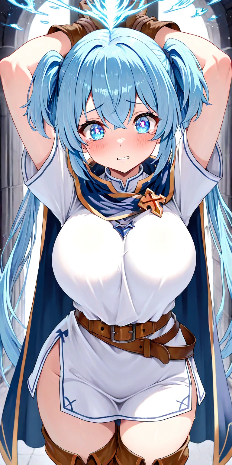 (Perfect body),Best Quality,(8K Portrait),(Official art)、((NSFW))、((age female))、embarrassed from、1girl in,(:o)、One eye is closed、(blush),(Sweat),(((huge-breasted)))、((thick thighs))、((big butts))、((Silvery head hair)),(Blunt bangs)、((Short hair))、(((Sideburns braids)))、((blue eyess))、Cowboy Shot、Blue and yellow leotards、Golden decoration、armor on the shoulders、Electronic space、Hands behind the head、Armpits、spreading legs