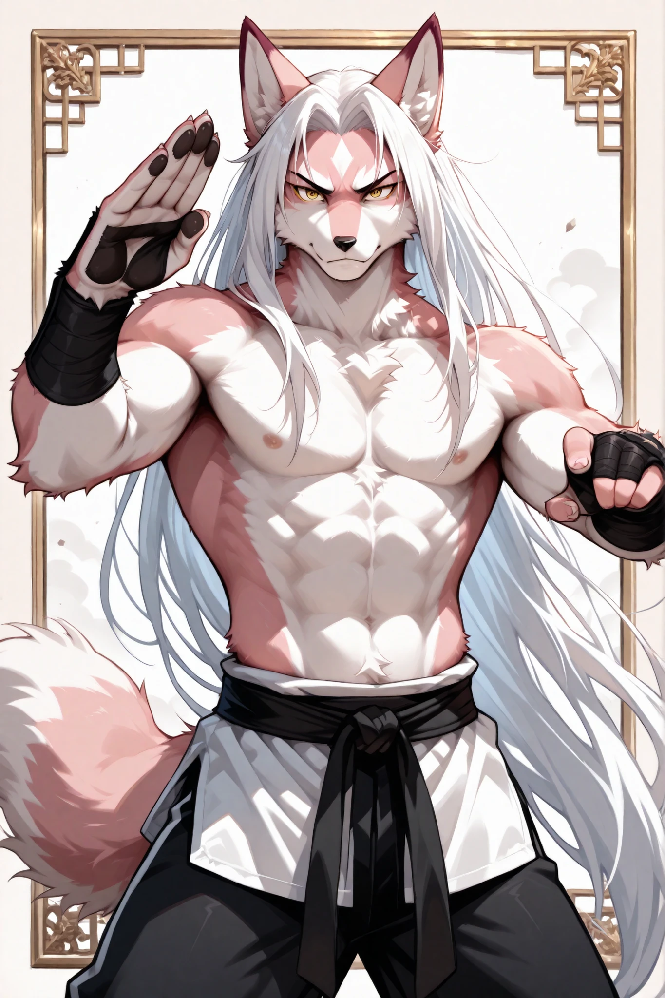 A beautiful kitsune male(white and pink fur, yellow eyes, very long hair, furry tail), furry art, style picture of a man , handsome anime pose, white haired deity, martial art, kung fu, shirtless, wing chun