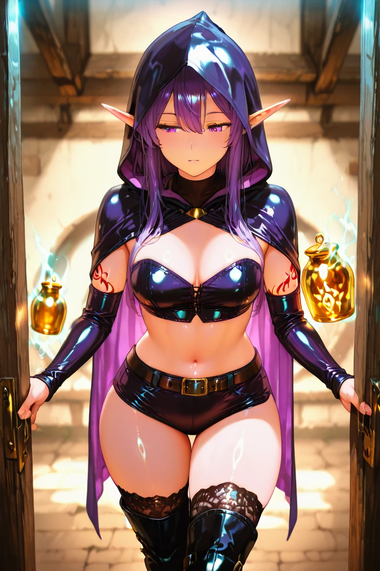 (Hyper realistic:1.1), (hyper detailed:1.1), (thick busty elf:1.1), dark skin, hoop earrings, cow bell, (séutty cow print bikini:1.1), (elbow gloves), (thigh highs), (hourglass figure:1.2), naughty face, aroused, sexualy excited, purple hair, ancient city, sitting on wooden crate, (detailed face and eyes:1.2), front view, (soft lighting), (highly detailed:1.2), 8k wallpaper, best quality, sharp focus, intricate, iridescent colours, (huge breasts:1.2), (busty), (deep cleavage), (breasts bulge:1.3), (cameltoe:1.2).