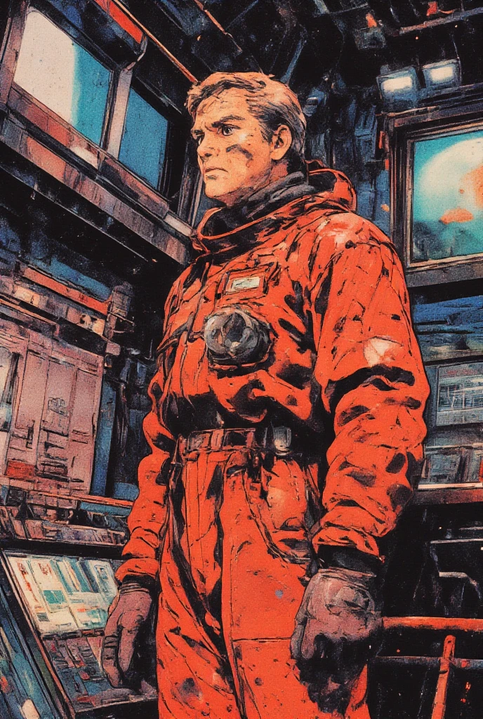 Draw a 27 years old blonde yellow hair medic, sitting on a small medical bay research platform at the space ship, tied up test person
, asteroid belt visible through the big window. He is studying with a notebook, surrounded by several asteroids glowing with fiery auras. Drips of red blood here and there, Dramatic lighting from distant stars and planets illuminates the scene, casting deep shadows on the medical coat. The young man looks confident and determined, looking at the vast and mysterious universe with wonder and respect, cowboy shot, middle lengh hair, red contrast colour, blood splater here and there