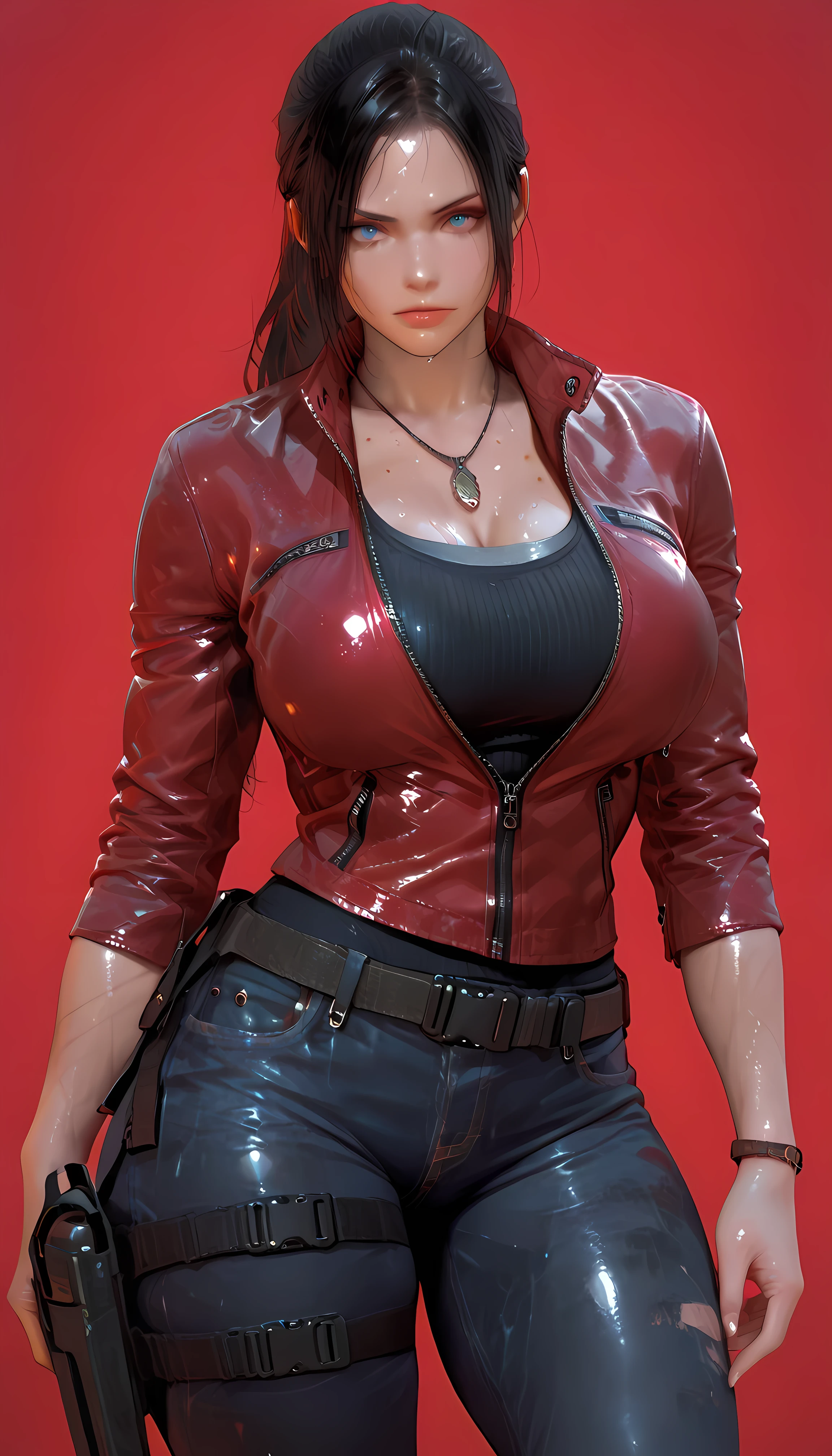 masterpiece, best quality, amazing quality, hyper-detailed, newest, very aesthetic, 1girl, thick thigh, Sweaty, big breasts, large thighs, shiny, shiny muscle, ClaireResidentEvil2Remake, large breasts, denim, black hair, belt, jewelry, red jacket, jeans, pants, ponytail, necklace, long hair, blue eyes, zipper, holster, looking at the viewer, red background