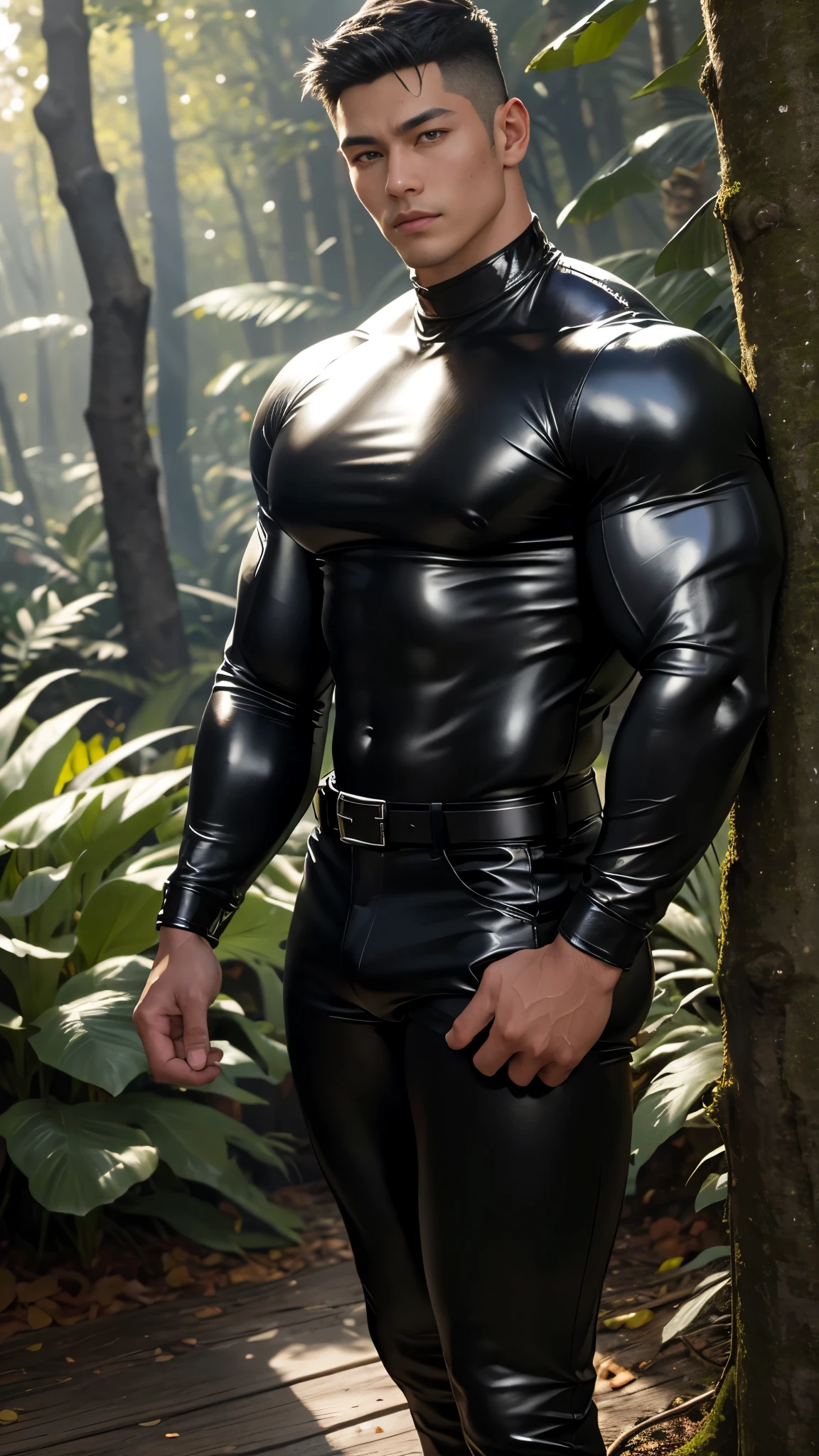 (Ultra realistic, intricate details, photorealistic, 8K HD, bright forest lightings,rich contrast), Detailed realistic, a handsome korean muscular young boy, powerful and intimidating, godly presence, young god|tarzan, ager face, beautiful, smooth dark brown short fade hair,detailed eyes, smirking, confident, huge muscles, wearing shiny tight black leather long sleeve ssweatshirt covering his chest and abs,wearing tight black shiny leather pants with belt , perfect hands, (realistic skin, tanned skin), outdoors, dark magical forest, fireflies,distant camera shot,camera captures him from head to heels,he is in the centre of the image,leather long sleeve sweatshirt,tall 6 feet man,