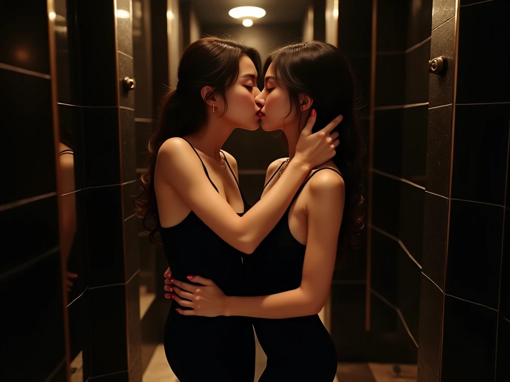 ((best quality)), ((masterpiece)), (detailed), perfect face, 2girls, Realistic women working in an bank. One wears a purple short dress, the other one has no clothes, (((lesbian kiss))),