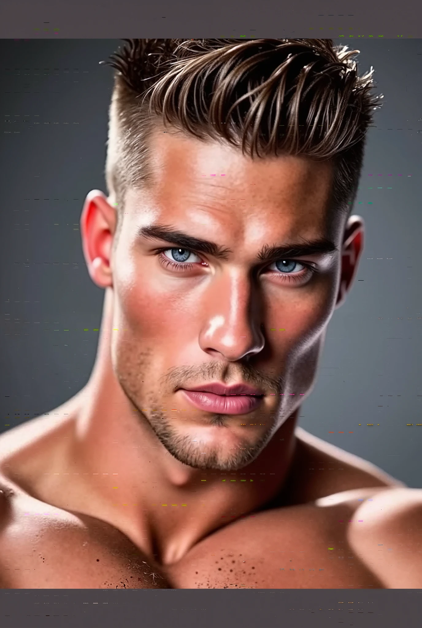 score_9, score_8_above, A handsome man, (25 years old), shirtless, muscular, body hair, beard, (white hair), front view