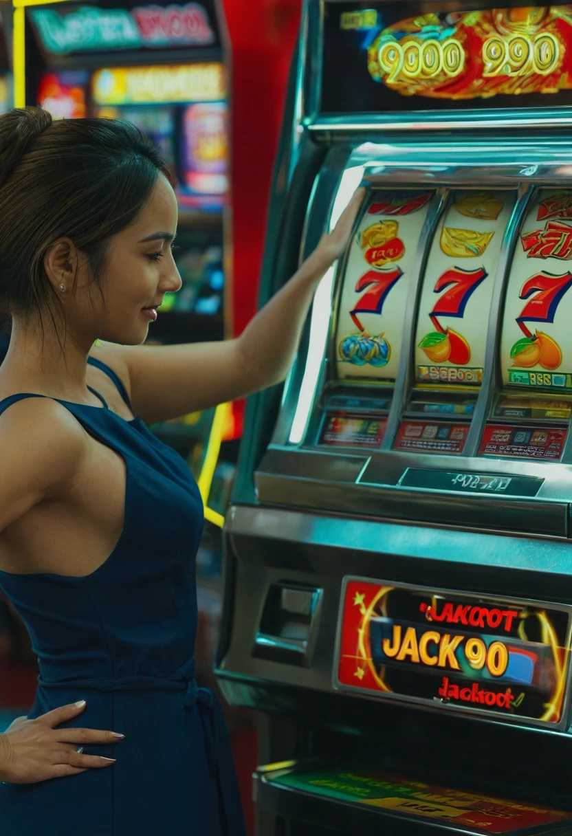 1 woman sitting at slot machine in casino, happy facial expression, detailed beautiful eyes and face, realistic casino interior, bright neon lights, ornate slot machine, glowing monitor display, intricate details, (best quality,8k,highres,masterpiece:1.2),ultra-detailed,(realistic,photorealistic,photo-realistic:1.37),cinematic lighting,vibrant colors,dramatic composition,casino ambiance