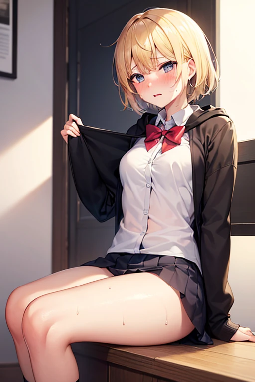 (masterpiece, highest quality), blonde short hair, (schoolgirl uniform, pleated mini skirt), wearing VR goggles over eyes, open mouth, holding 2 VR controllers in hands, sitting on the floor, knees up, knees to chest, pose with legs spread, (white cotton panties), cameltoe, in her room, bare feet, bare legs, ((showing off crotch, showing off panties)),