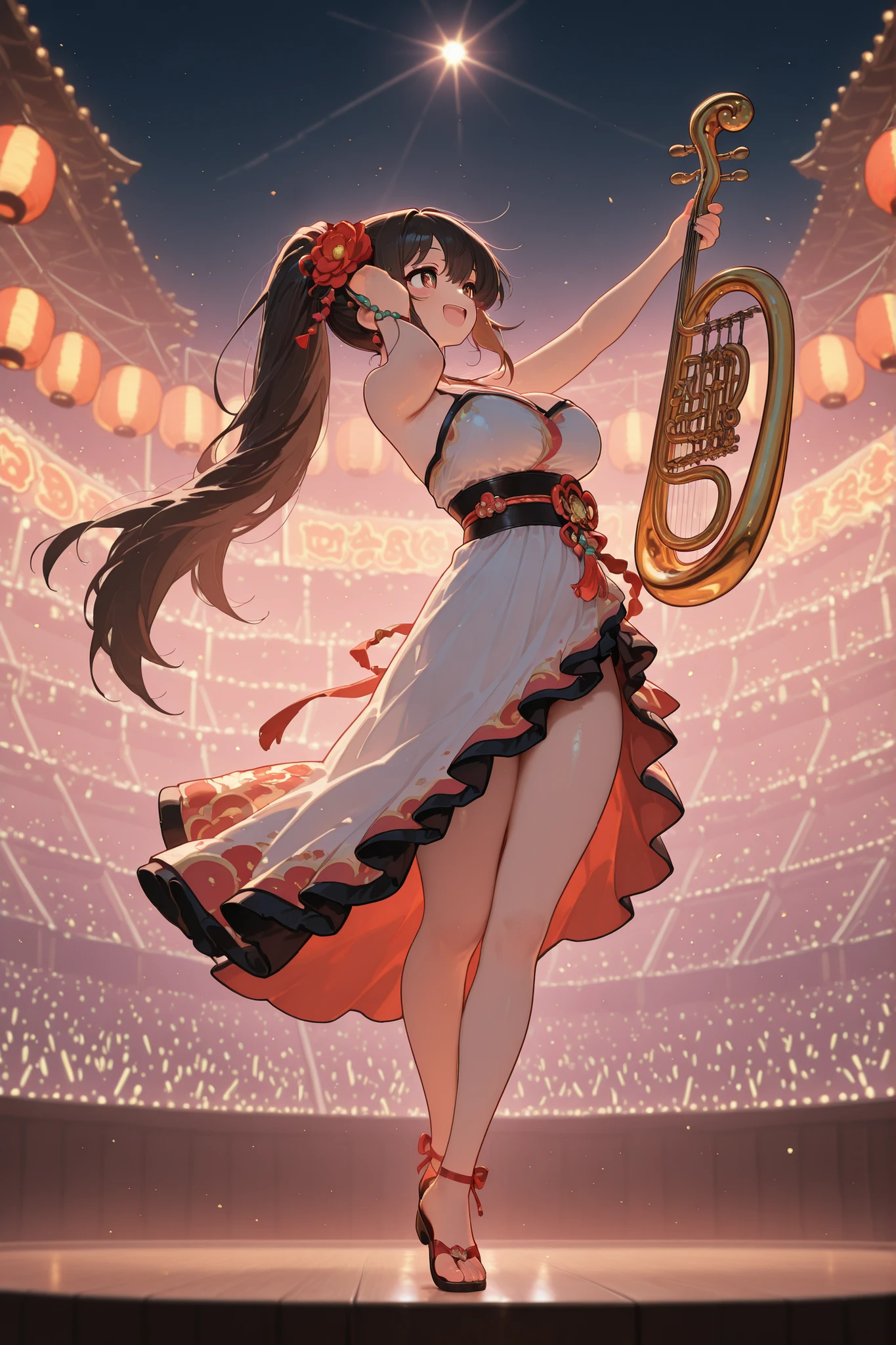 masterpiece , best quality , highest resolution, 1girl, music bend, stage, festival, audience, instruments