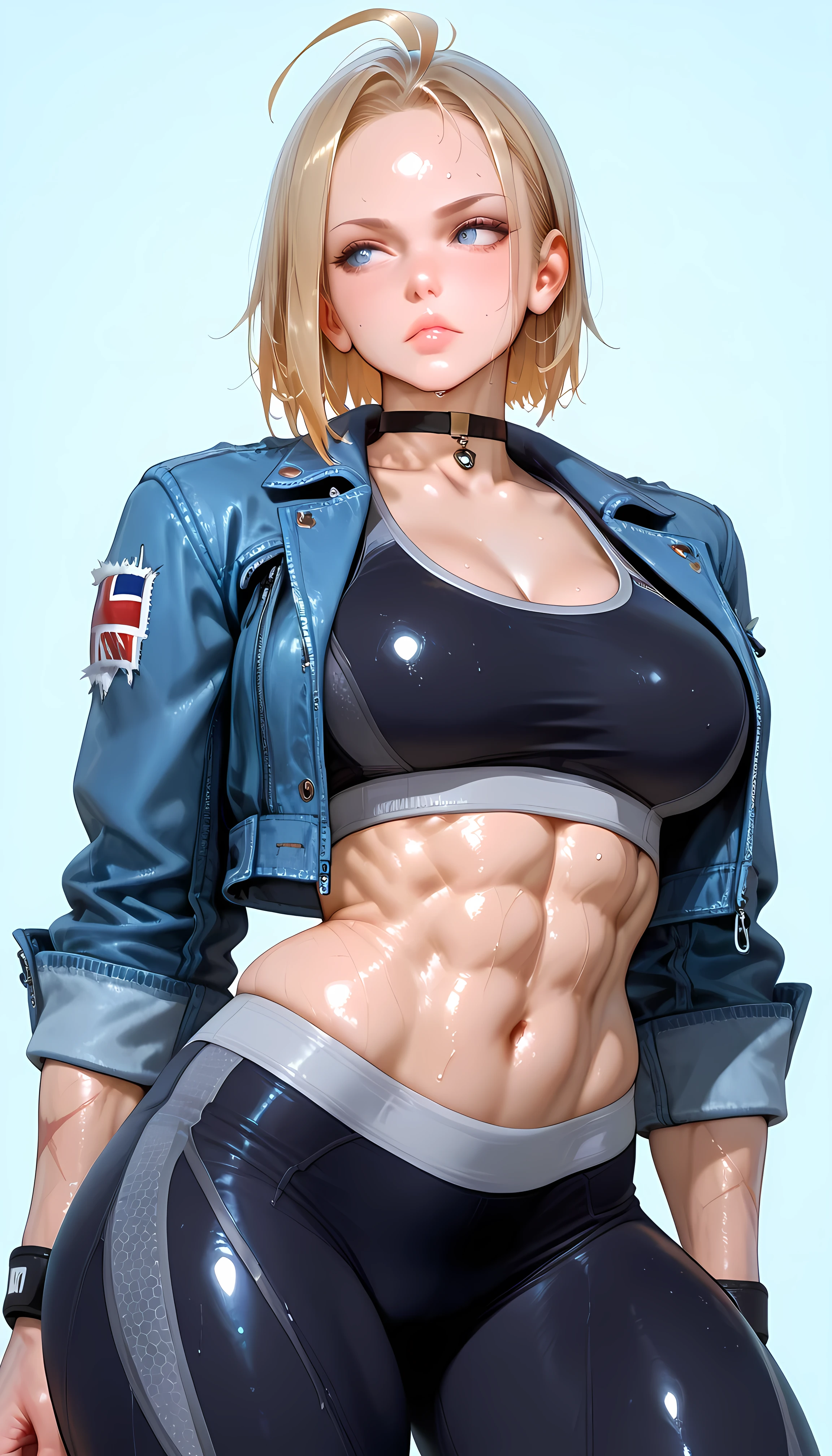 masterpiece, best quality, amazing quality, hyper-detailed, newest, very aesthetic, 1girl, thick thigh, Sweaty, big breasts, large thighs, shiny, shiny muscle, CammySDXL, short hair, blue eyes, blonde hair, navel, medium breasts, jacket, open clothes, choker, midriff, pants, open jacket, lips, crop top, black choker, scar, abs, antenna hair, blue jacket, scar on face, forehead, cropped jacket, toned, sports bra, nose, tight, tight pants, yoga pants, black sports bra, denim jacket, light blue background