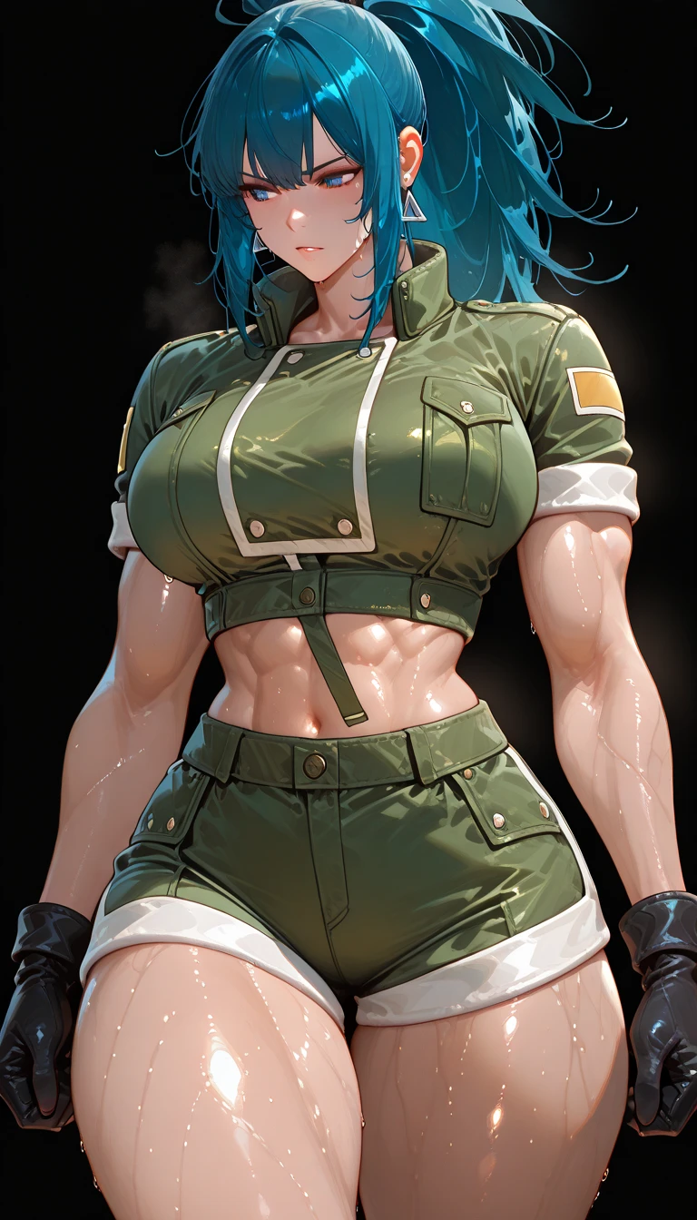 tmasterpiece,, Best quality at best, A high resolution, 1girl, leona heidern, Blue hair, eBlue eyes, pony tails, green shorts, cleavage，hason, crop top, Black gloves, nedium breasts, army suit, Green jacket, 耳Nipple Ring, jewelry, nabel, huge tit, cow boy shot，