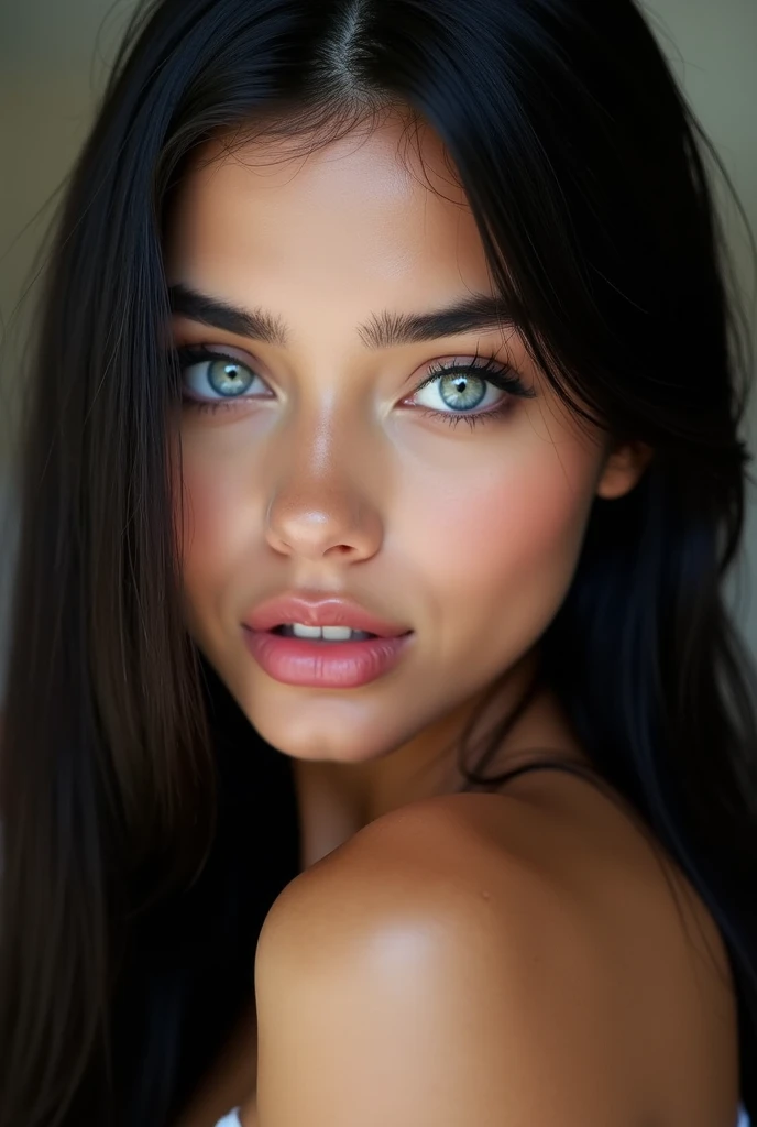 oeuvre d'art, best quality),visage parfait, nice face, blue eyes, tetas grandes, nue sur un lit, wavy black hair ,selfie d'a beautiful young woman, prise avec l'appareil photo de l'iPhone