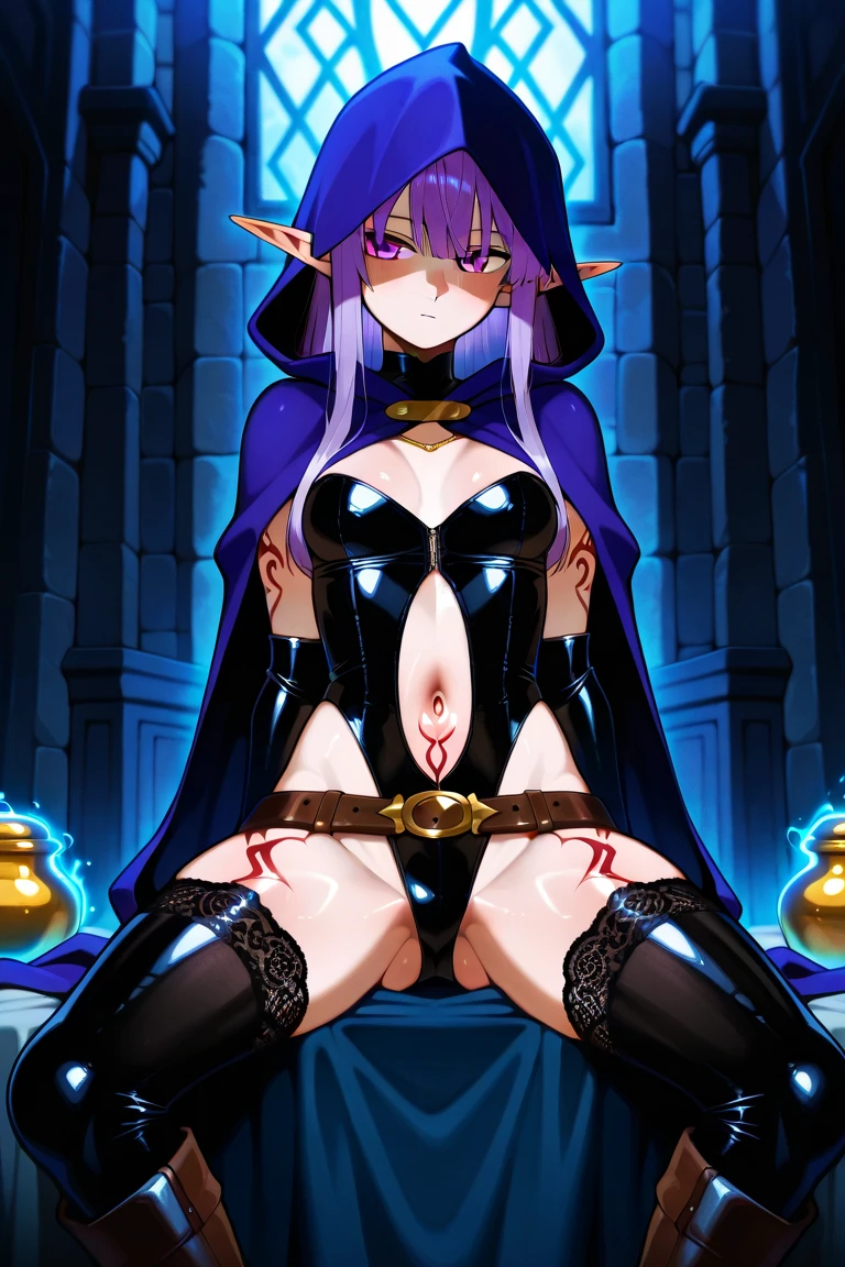 ((witch woman, ((buxa cloak)),((gigantic breasts, naked breasts, naked pussy, erect breasts, grabbing breasts)),((purple hair)),((pink eyes, with round glasses, face of shame)),((standing, in a haunted forest, at night)),((1 arm behind the back)),