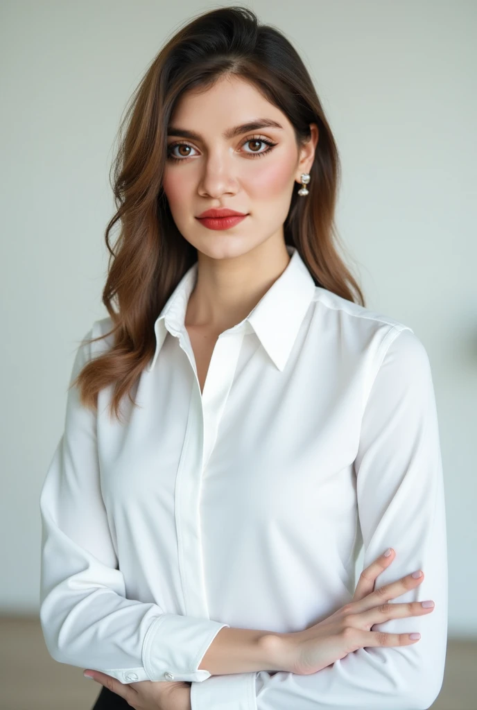 A pretty woman, dressed in white shirt, full body portrait, Pretty perfect face with perfect face, Hyperrealistic concept, 8k resolution, photography quality, posing for a photo, realistic photo,