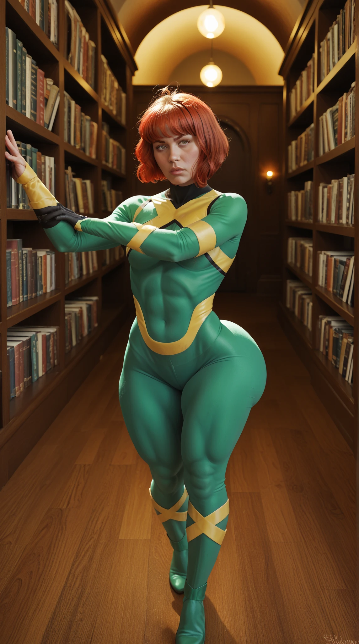 (ultra realistic,32k, masterpiece:1.2),(high detailed skin:1.1),( 8k uhd, dslr, high quality:1.1),
 ShayeraDC, (green eyes:0.9), yellow leotard, strapless, red trunks, green pantyhose,  wings, feathered wings, , (huge breast:1.1), 
(looking at viewer, standing, from below:1.1),,
,(dense light rays:1.1), library, rows of books, quiet reading areas, knowledge