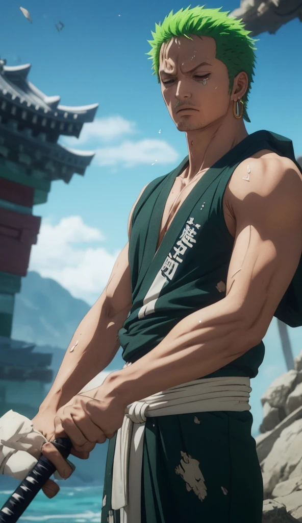 Perfect picture of green hair roronoa zoro with his 3 swords in hd quality.in action 