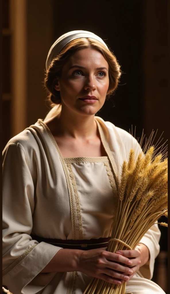 An image of Serena in a traditional Gilead kitchen, carefully preparing a batch of homemade bread dough,The Handmaid's Tale,Serena Joy, a pivotal character in “The Handmaid’s Tale,” exudes a composed and elegant demeanor, her appearance characterized by the traditional, modest attire mandated for wives in Gilead, often in shades of teal. Her poised exterior, with meticulously styled hair and a stern yet beautiful face, belies the complexity and turmoil beneath.