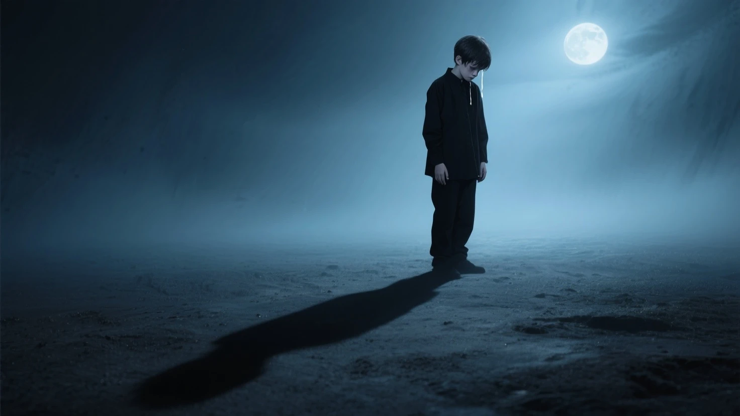 photo with a thin black-haired boy leaning against the wall and looking at his body and face to the left, He has a black cap with a black sweatshirt and in the background there is a moon and it is night, the boy looks down sadly and it rains, 4k