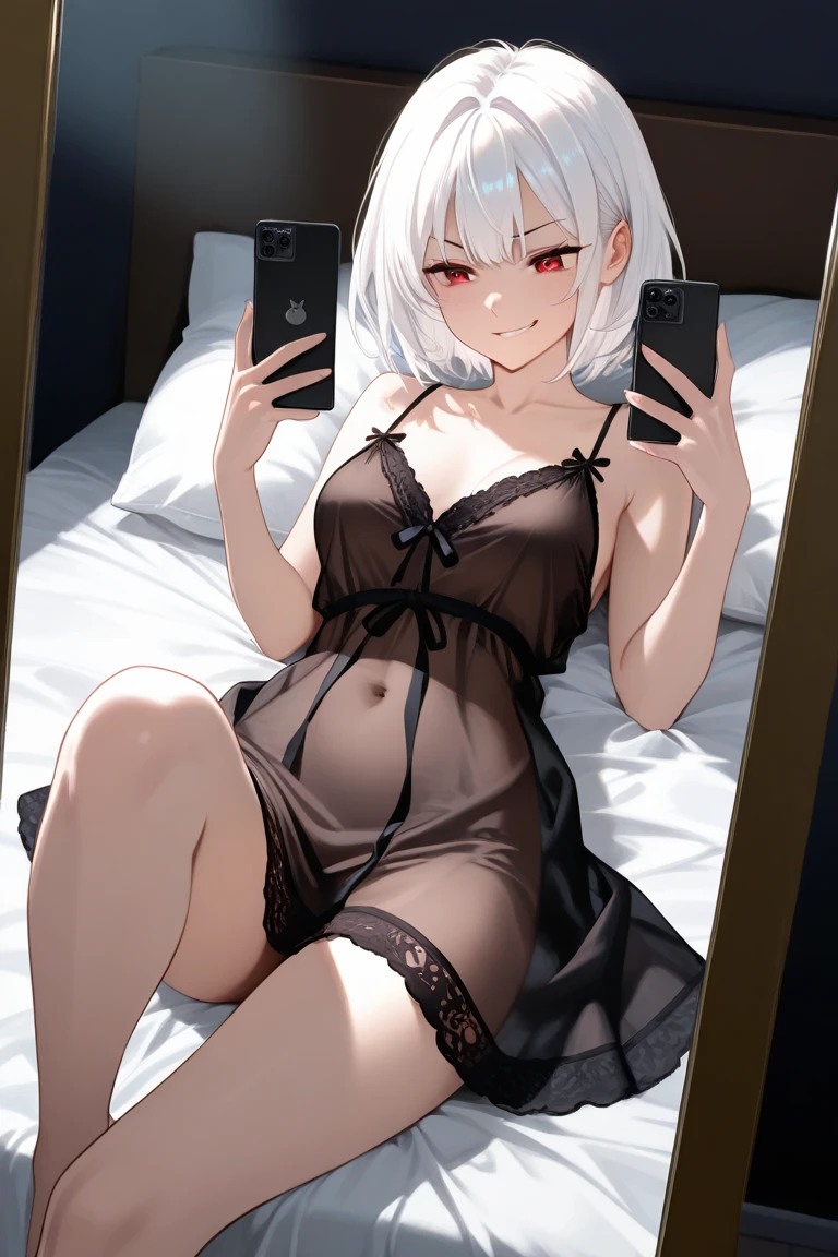 Selfie,Close-up of a woman in a dress photographing herself with a mobile phone,NSFW, White panties,White bra
, cute girl, short silver hair, , black knee-high socks, ,High heel pumps,Gothic Lolita(:1.3),>:),upper body,Selfie,Girl sitting on the floor photographing herself with a mobile phone,half undress,