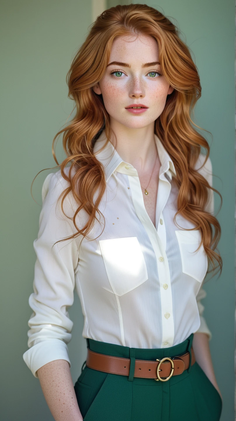a 15 year old white redhead girl kneeling in profile, full body shot, large breasts, white shirt with sweetheart neckline, modern and well-lit room (best quality, 4k, 8k, high resolution, masterpiece: 1.2), ultra detailed (realistic, photorealistic, photorealistic: 1.37), detailed face, beautiful detailed eyes, beautiful detailed lips, extremely detailed eyes and face, long eyelashes, detailed skin, intricate clothing folds, natural lighting, soft shadows, cinematic composition, warm color palette