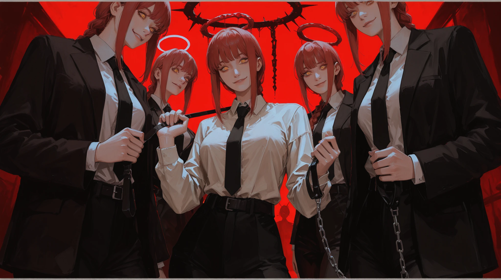 masterpiece, best quality, amazing quality, very aesthetic, 1girl, makima_(chainsaw_man), necktie, shirt, holding_leash, red_hair, leash, white_shirt, looking_at_viewer, yellow_eyes, black_necktie, collared_shirt, braid, smile, braided_ponytail, breasts, halo, solo, pants, black_pants, ringed_eyes, holding, bangs, long_hair, belt, sidelocks, long_sleeves, formal, shirt_tucked_in, red_background, large_breasts, suit