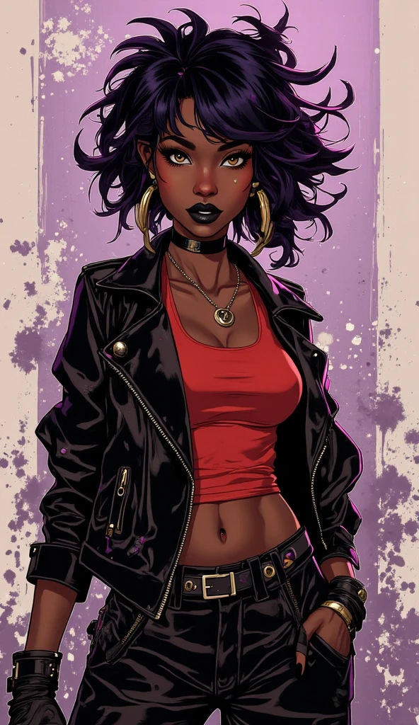 Uma garota negra de cabelo Cacheado estilo Black Power,cor da pele negra, Cyberpunk clothing style with reference to spider man punk is punk style, realista, detalhado, many details in the eyes is in the clothing