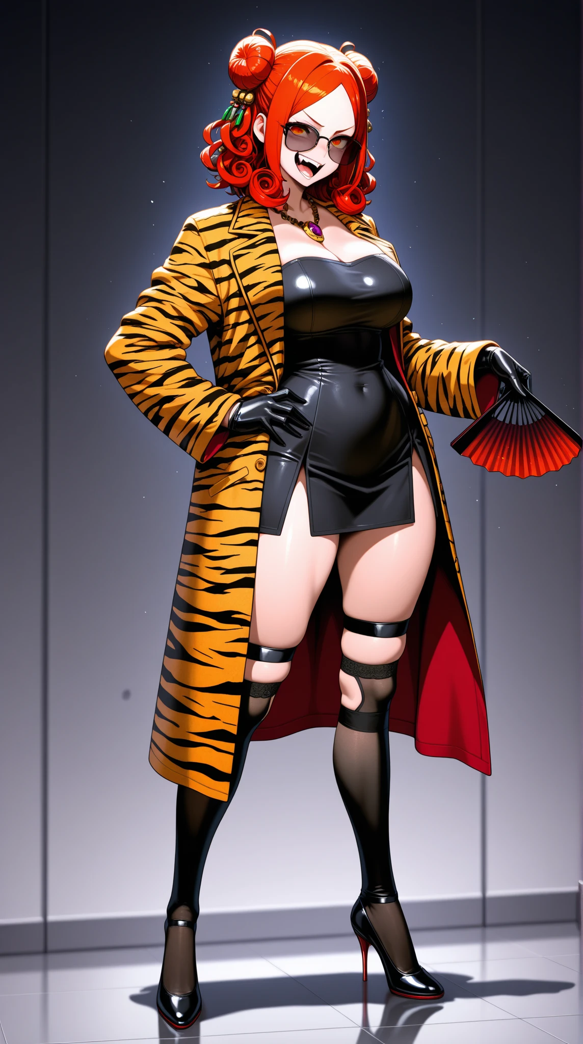 Clergyman with medium brown hair wearing tiger sexual costume, with tiger ear hair bow, Fishnet pantyhose, tiger tail and clogs