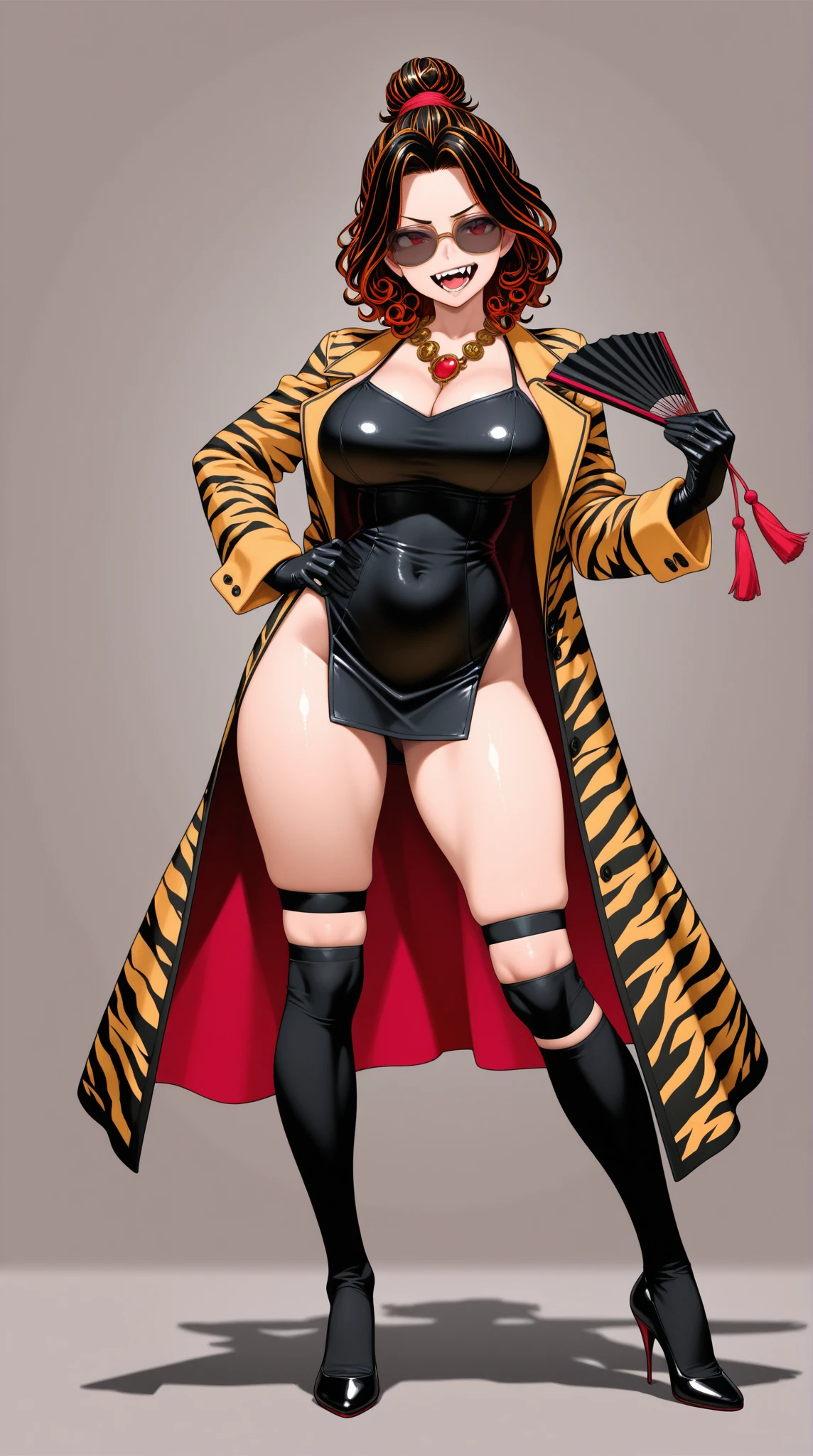 (Masterpiece, grey background:1.2) full body standing straight symmetrical looking to the viewer, view from below, far shot, cow boy shot, purple skin, drow, elf, 1girl, mature, purple eyes, pinched eyes, short silver white hair cut (yellow tiger bikini print long sleeves and long stockings) abs, navel, big knockers, tatter rags, leather choker, chain collar, stomach tattoo (red tattoo) hands on hips, wide hips, thick thighs, metal sandals
