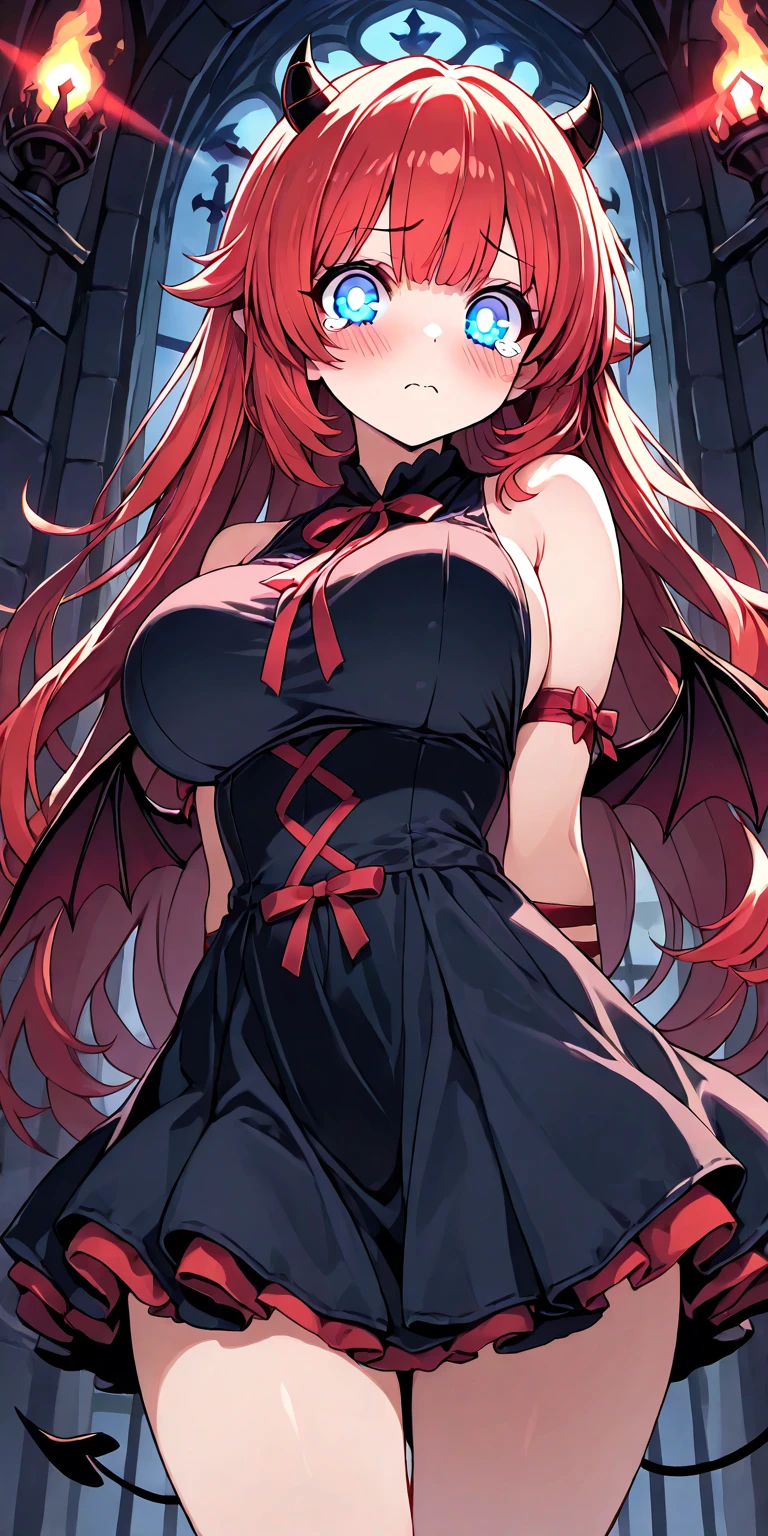 1 girl, long crimson hair, crimson eyes, extremly detailed, blushing, succubus, (face perfect:1.1), (high detal:1.1), top-quality, huge breasts, sexy and seductive, wearing black school uiform, skirt, tall women, thicc thighs, wide hips, smile, horny, absurdes, high res, ultra sharp, 8k, masterpiece, looking at viewer