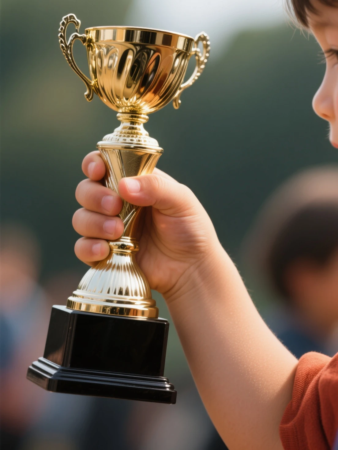 A close-up of a hand holding a small trophy, a girl jumping in joy, or a small cake with a single candle being blown out.
