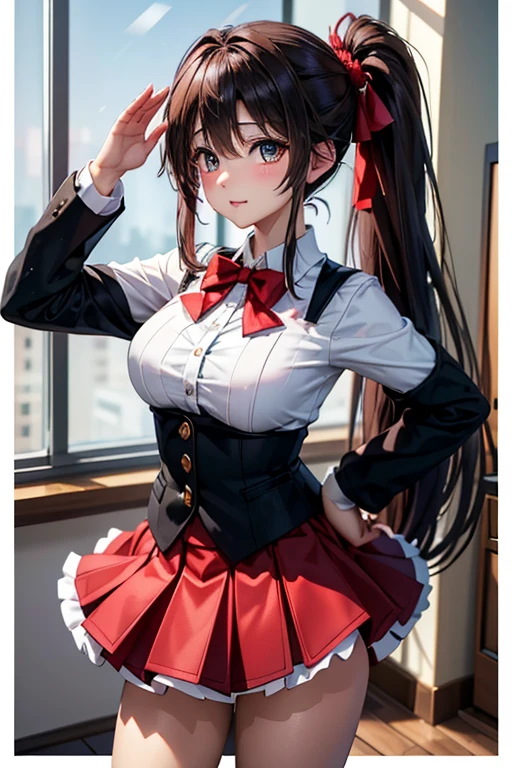(masterpiece, best quality), 1girl, <lora:yunyun_(konosuba):1> aayunyun,long hair,braid,twintails,hair between eyes,red bow,hair ornament,large breasts,pink necktie,black shirt,belt,clothing cutout,long sleeves,juliet sleeves,skirt,(red thighhighs:1.2),boots,brown footwear
