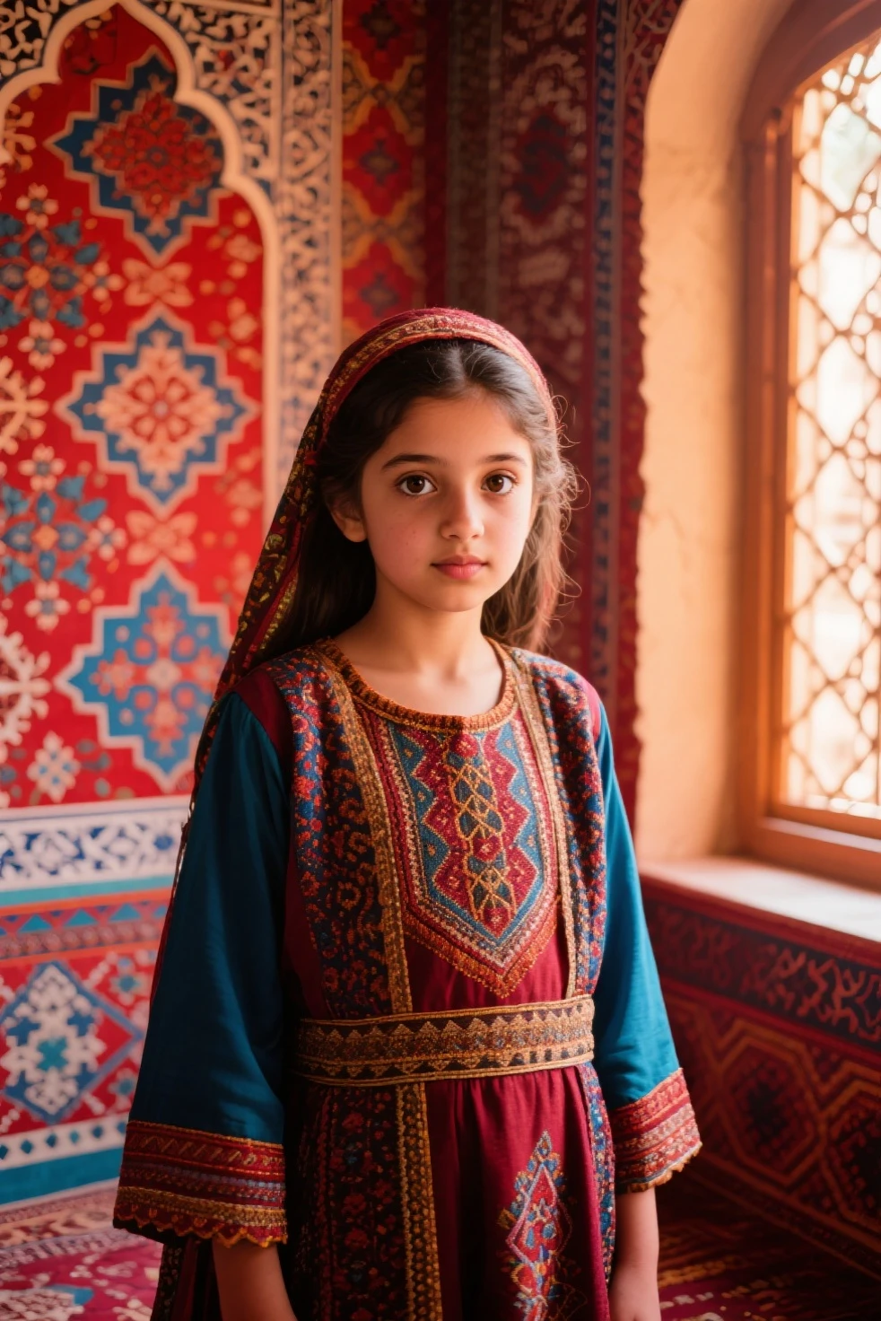 One school girl sitting at the van wearing traditional dress head cover by her scarf looking at the left downside her nature is shy