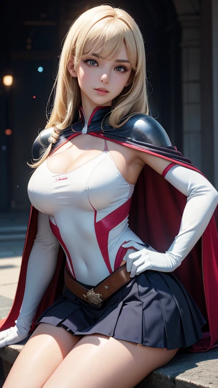 1girl, (Blue Eyes), (smiling :1.2), (Sana Minatozaki), wide hips, Big tits, big ass, (Best Quality, 8k, Masterpiece: 1.3), Clear Focus: 1.2, Perfect Body Beauty: 1.4, strong abs, Highly detailed face and skin texture, detailed eyes, double eyelids, (blond long hair :1.1), marvel, white superhero suit :1.3, super heroine, (red silk cape :1.2), cape flying in the wind, standing, dynamic pose, on top of a building, city in the background