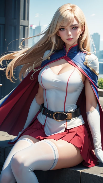 ,Colorful,(masutepiece:1,2), Best Quality, masutepiece, hight resolution, Original, highly detailed wallpaper, 1girl in ,Smile,Solo, Grey Hair, Blue eyes, Original_outfits,red cape,White pants, gloves, breasts, uniform, Large breasts