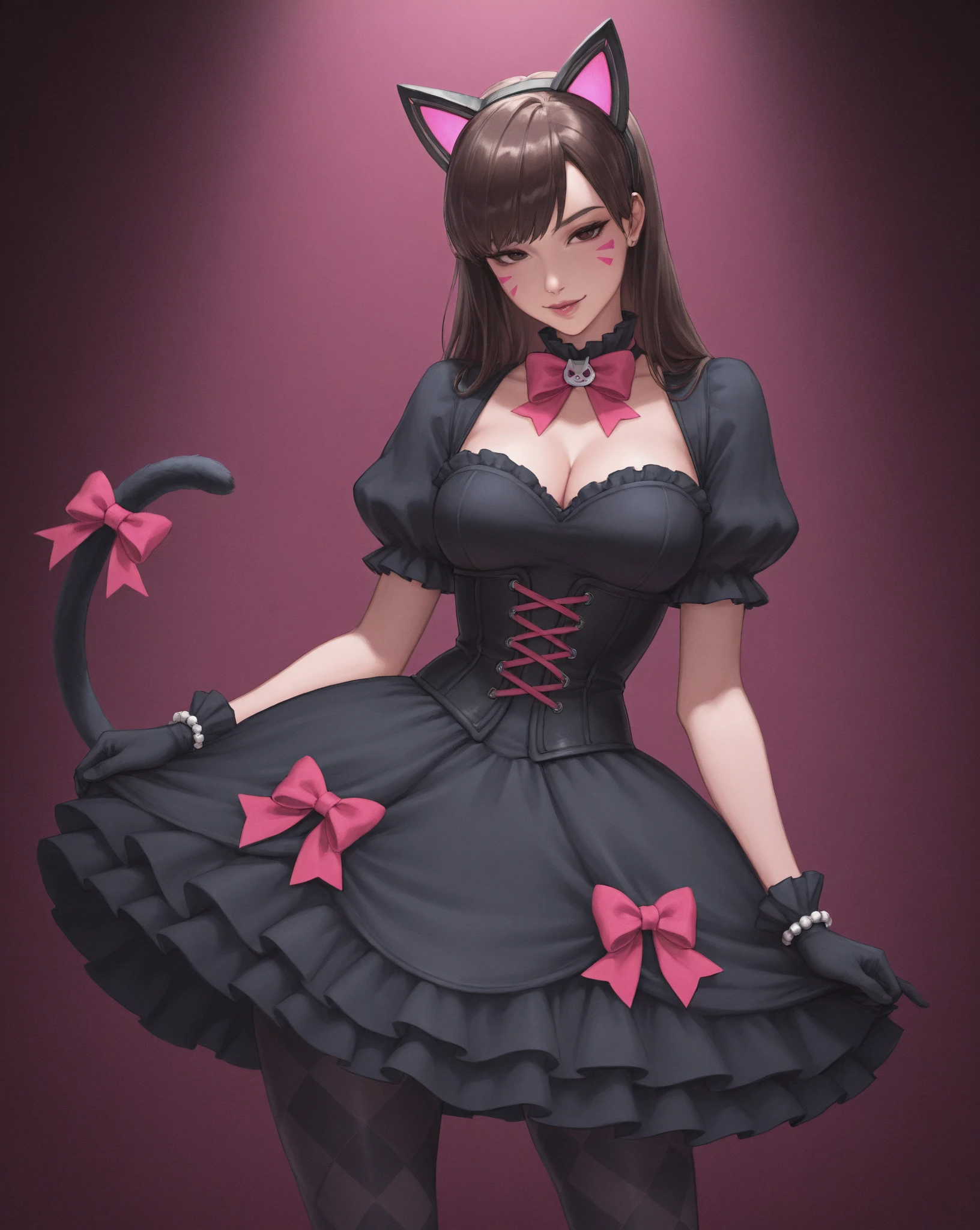 1girl, Kneeling pose, <lora:d.va_v1:0.8> ddhana, blonde hair, twintails, hair bow, animal ears, whisker markings, heart earrings, cat tail, bowtie, pink bow, cleavage, gothic, black dress, short sleeves, puffy sleeves, black gloves, purple skirt, argyle, pantyhose, ((detailed)), ((best quality)), ((masterpiece)), extremely detailed CG unity 8k wallpaper, 32k, focus sharp, <lora:add_detail:0.8> <lora:Light and Shadow:0.5>  <lora:CosmicEyes:0.5> <lora:Paw:0.8> PP, paw pose
