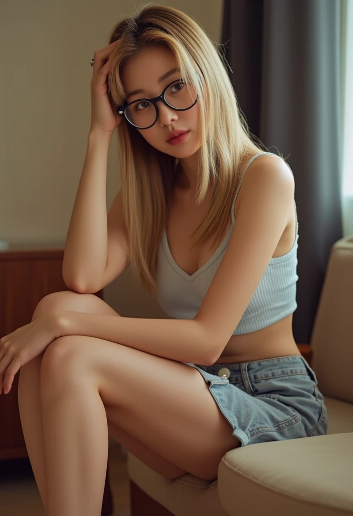 8K, masterpiece, ultra sharp focus, intricate detailed, an extremelly beautiful korean girl, blond medium wavy hair, slim muscular body, long legs, looking at the viewer, she's sitting on toilet in white bathroom, peeing, naked, pleading eyes, small nipples, pubic hair, beautiful firm breasts, (no underwear), black round glasses